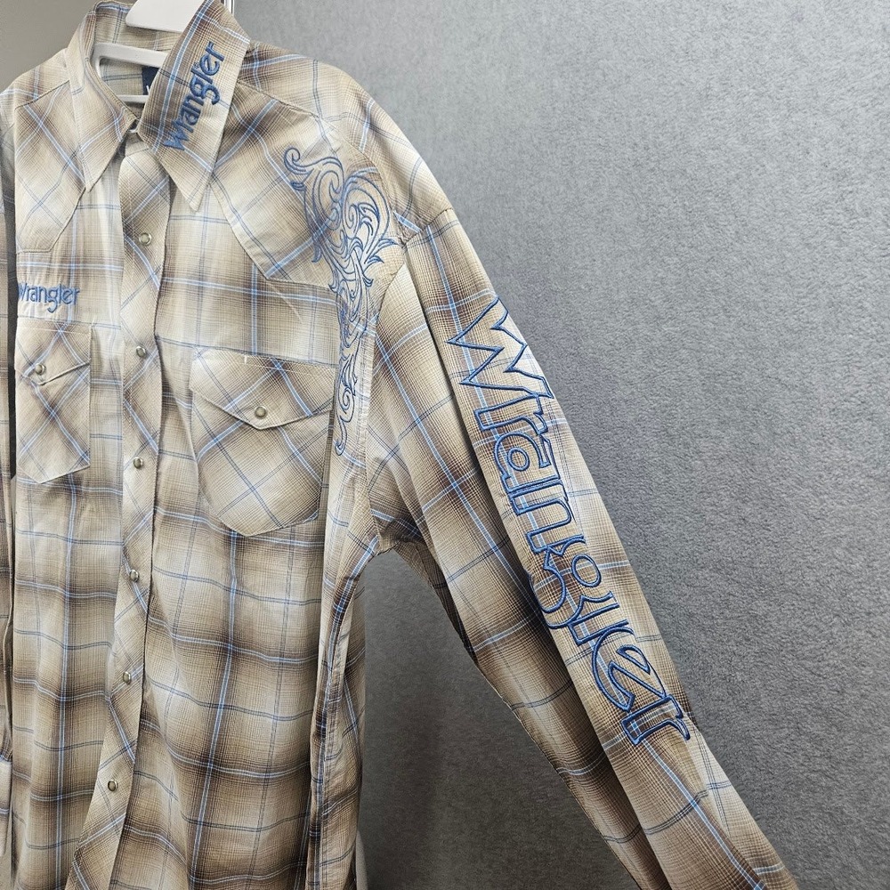 Wrangler Mens Plaid Western Pearl Snap Shirt Embroidered Rodeo Tan Blue L - Picture 7 of 16